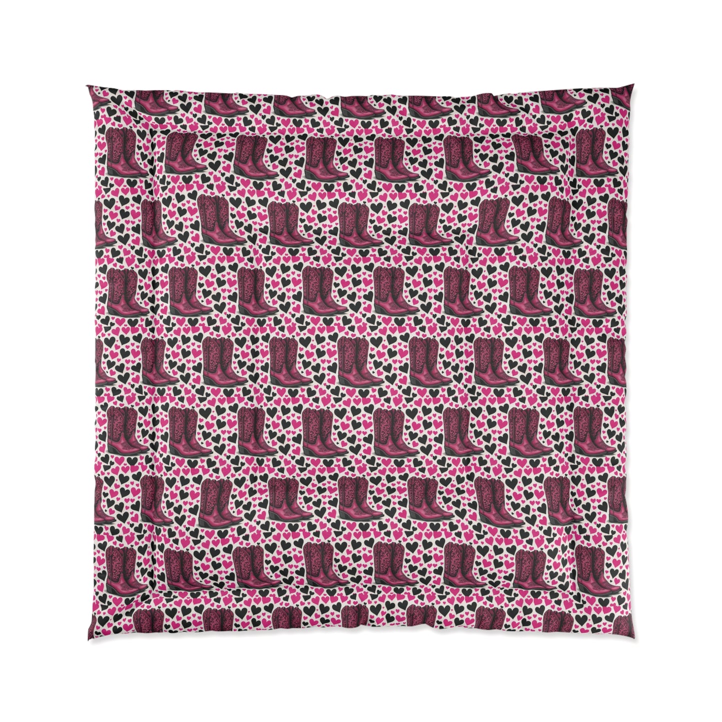 Comforter, Heart Design, Pink and Black Bedspread, Cozy Blanket, Bedroom Decor.