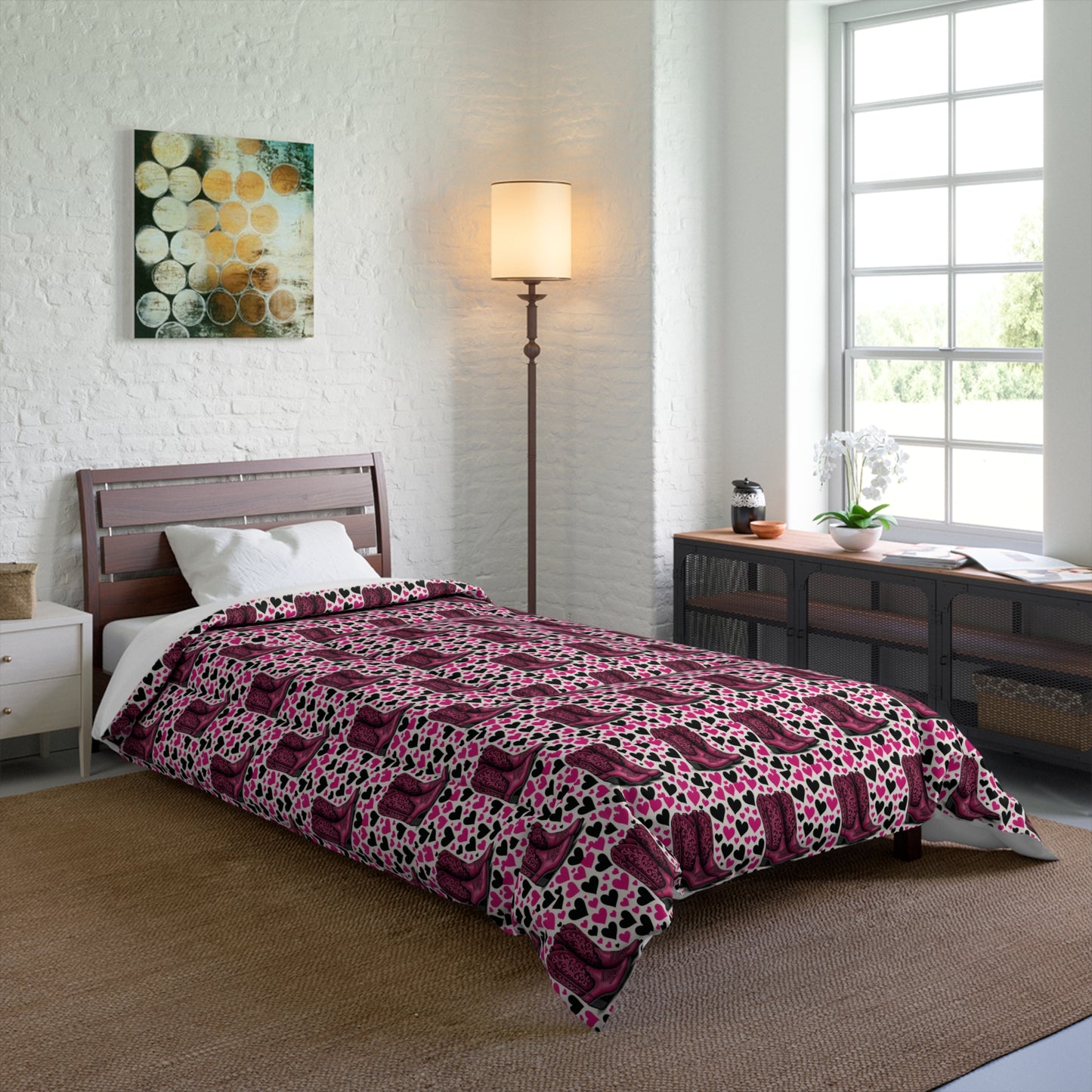 Comforter, Heart Design, Pink and Black Bedspread, Cozy Blanket, Bedroom Decor.