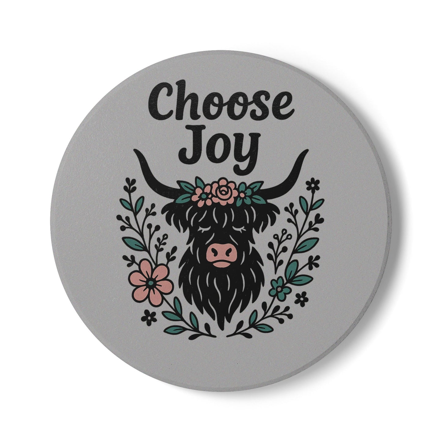 Joyful Highland Cow Coaster, Choose Joy Ceramic Coaster, Gift for Home Decor, Funny Homewarming Gift, Floral Cow Decor, Eco-Friendly Coaster