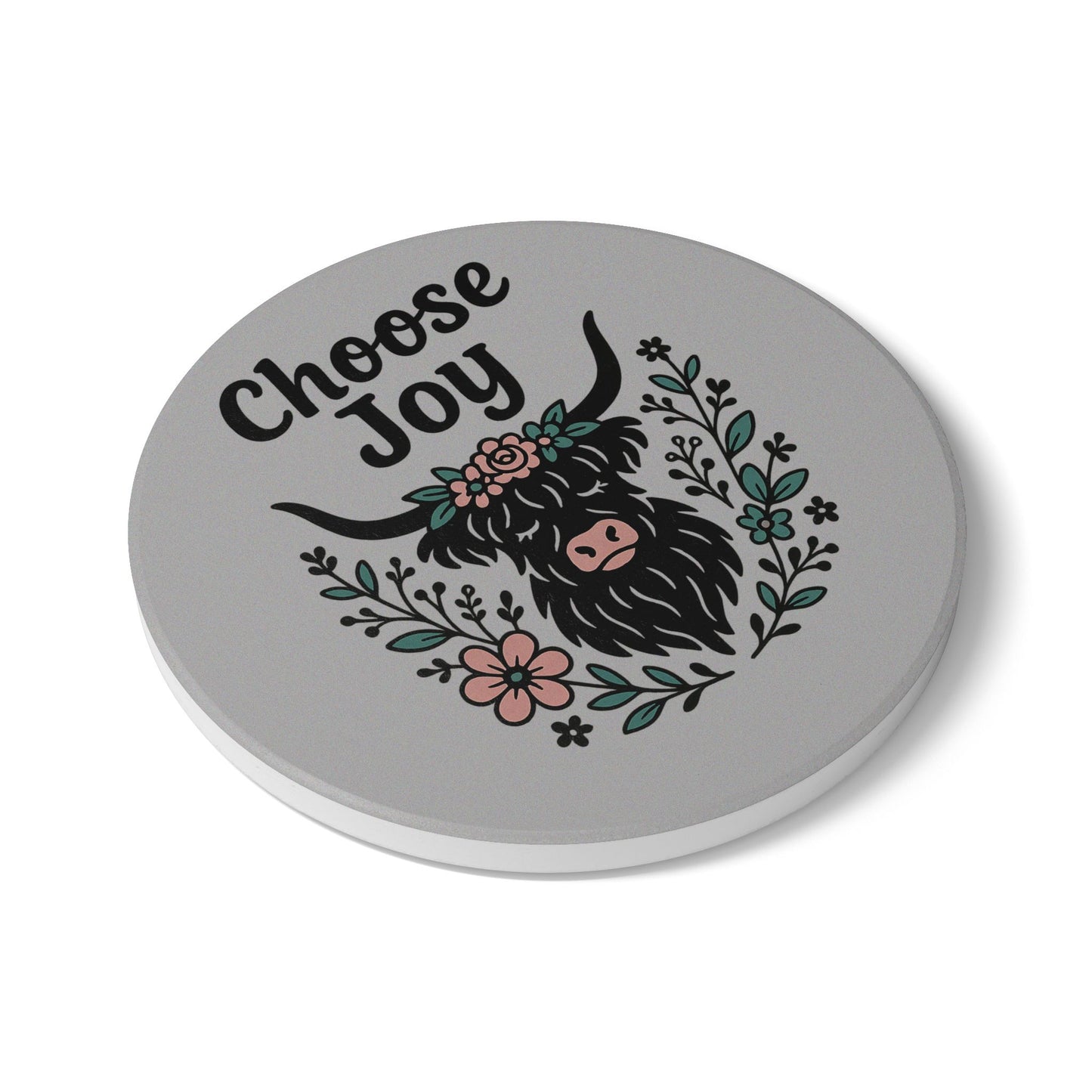 Joyful Highland Cow Coaster, Choose Joy Ceramic Coaster, Gift for Home Decor, Funny Homewarming Gift, Floral Cow Decor, Eco-Friendly Coaster