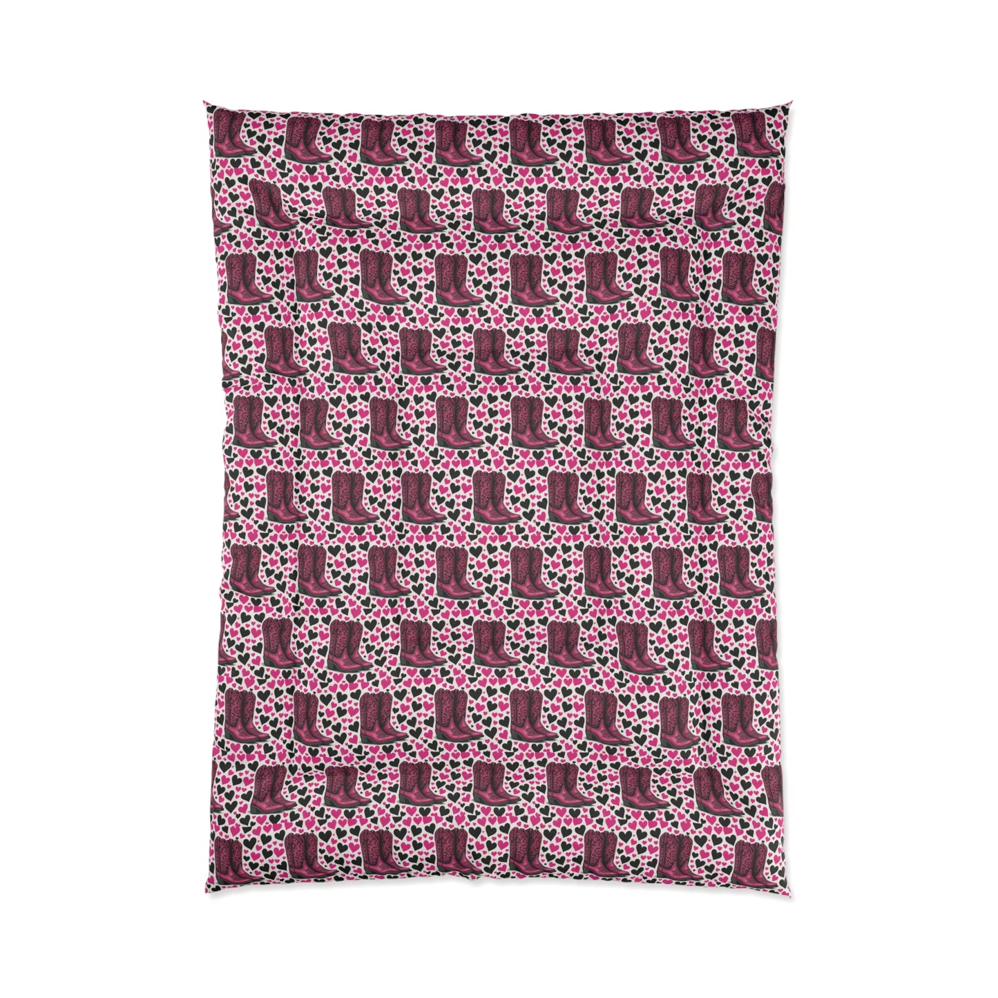 Comforter, Heart Design, Pink and Black Bedspread, Cozy Blanket, Bedroom Decor.