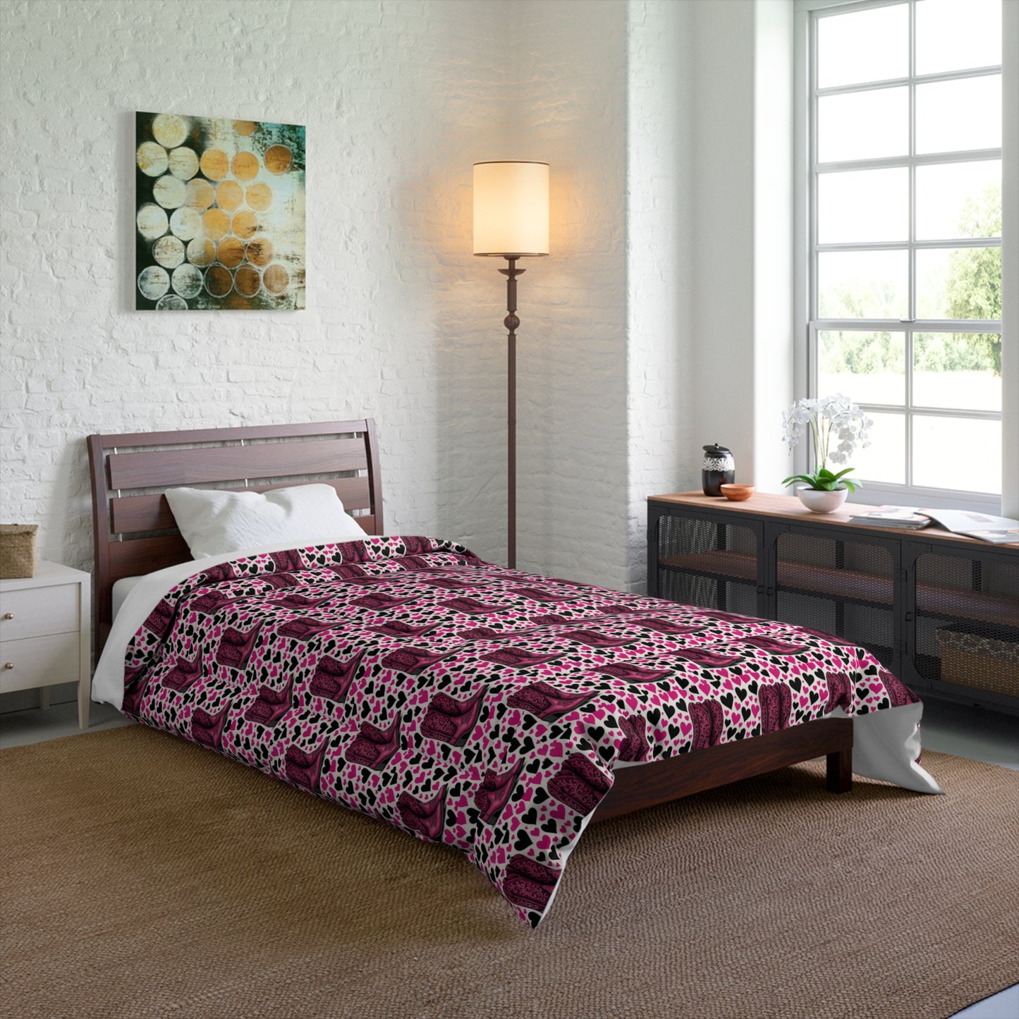Comforter, Heart Design, Pink and Black Bedspread, Cozy Blanket, Bedroom Decor.
