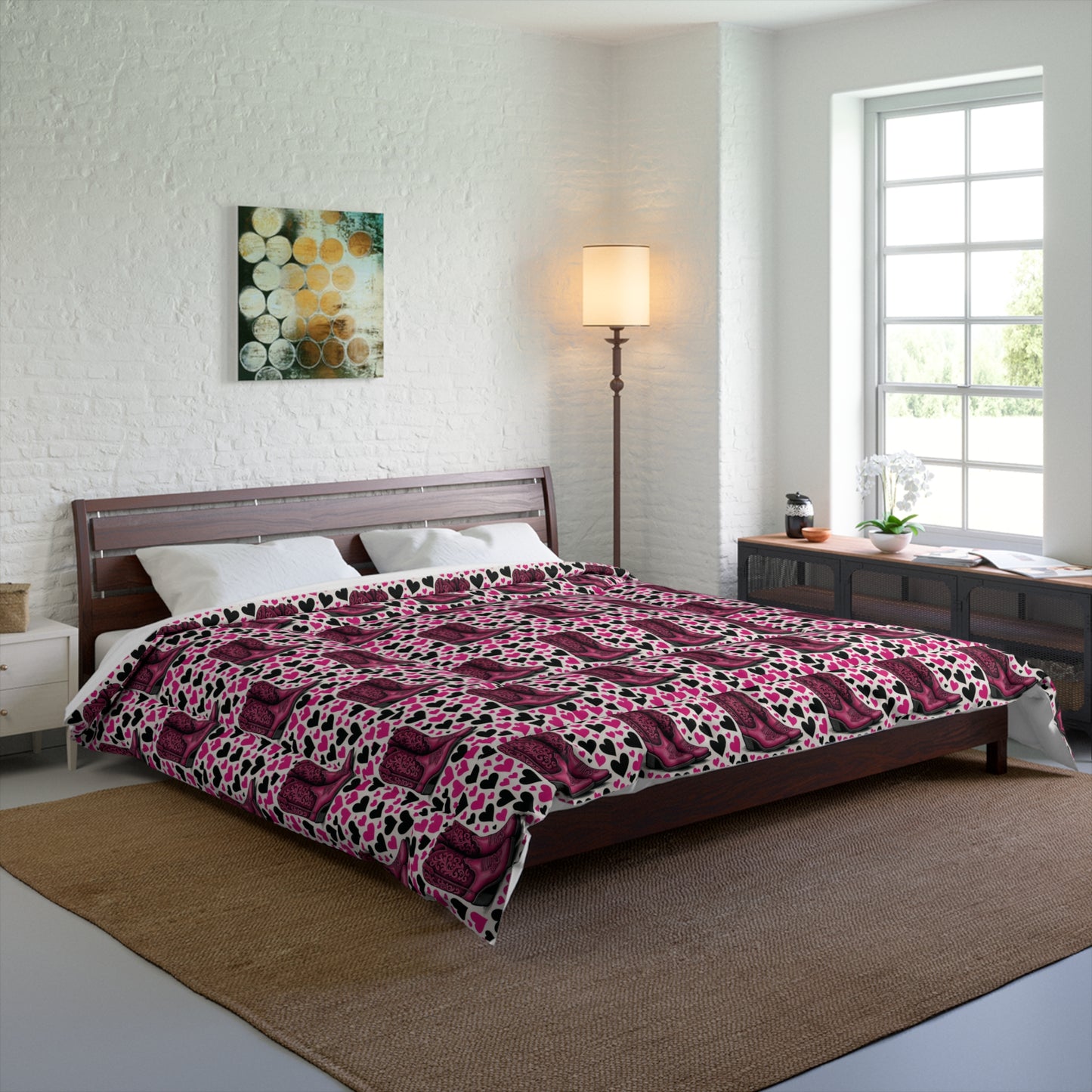 Comforter, Heart Design, Pink and Black Bedspread, Cozy Blanket, Bedroom Decor.