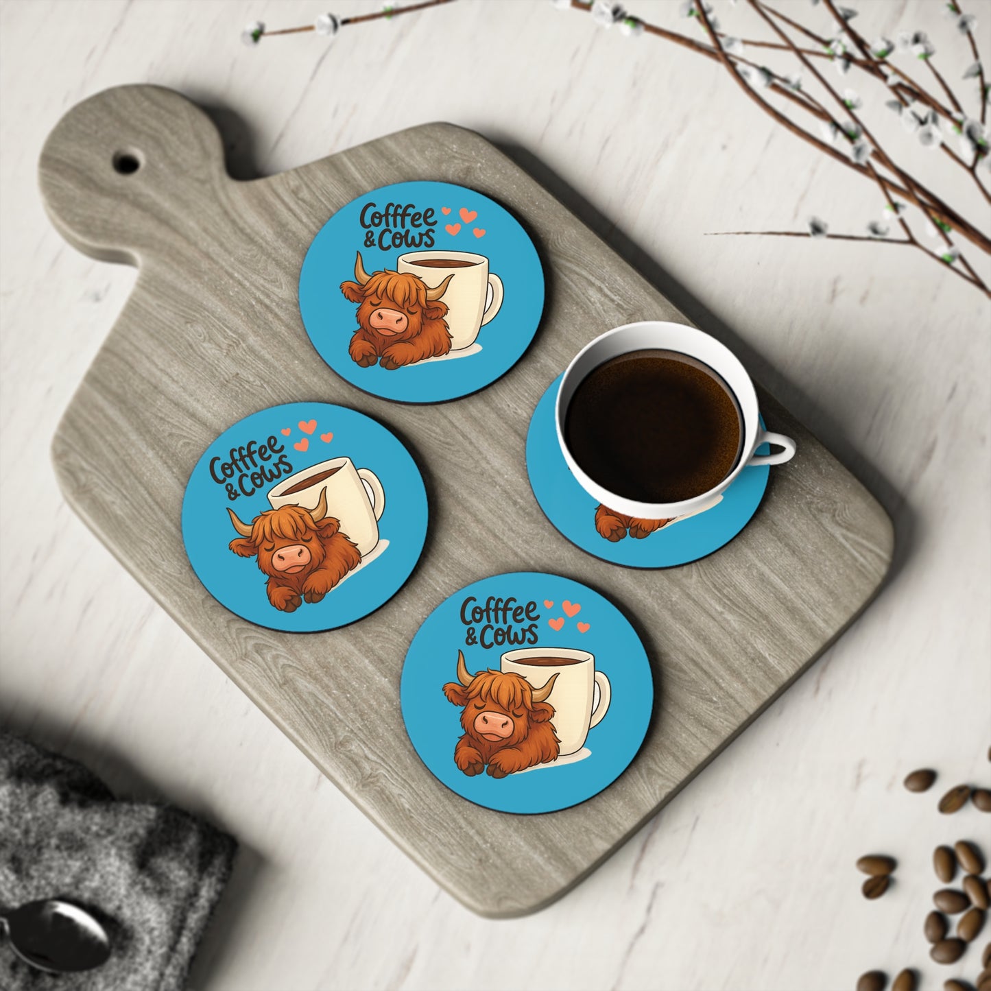 Coasters Set, Highland Cow Drink Coasters, Cow Lover Gifts, Farmhouse Decor, Animal Coaster, Kitchen Accessories