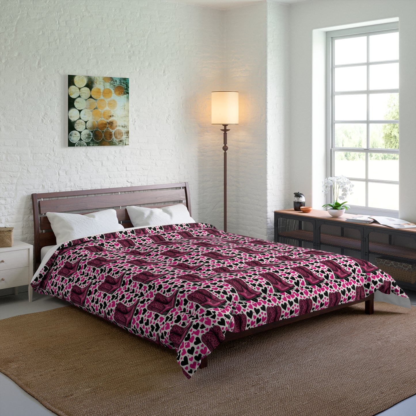 Comforter, Heart Design, Pink and Black Bedspread, Cozy Blanket, Bedroom Decor.