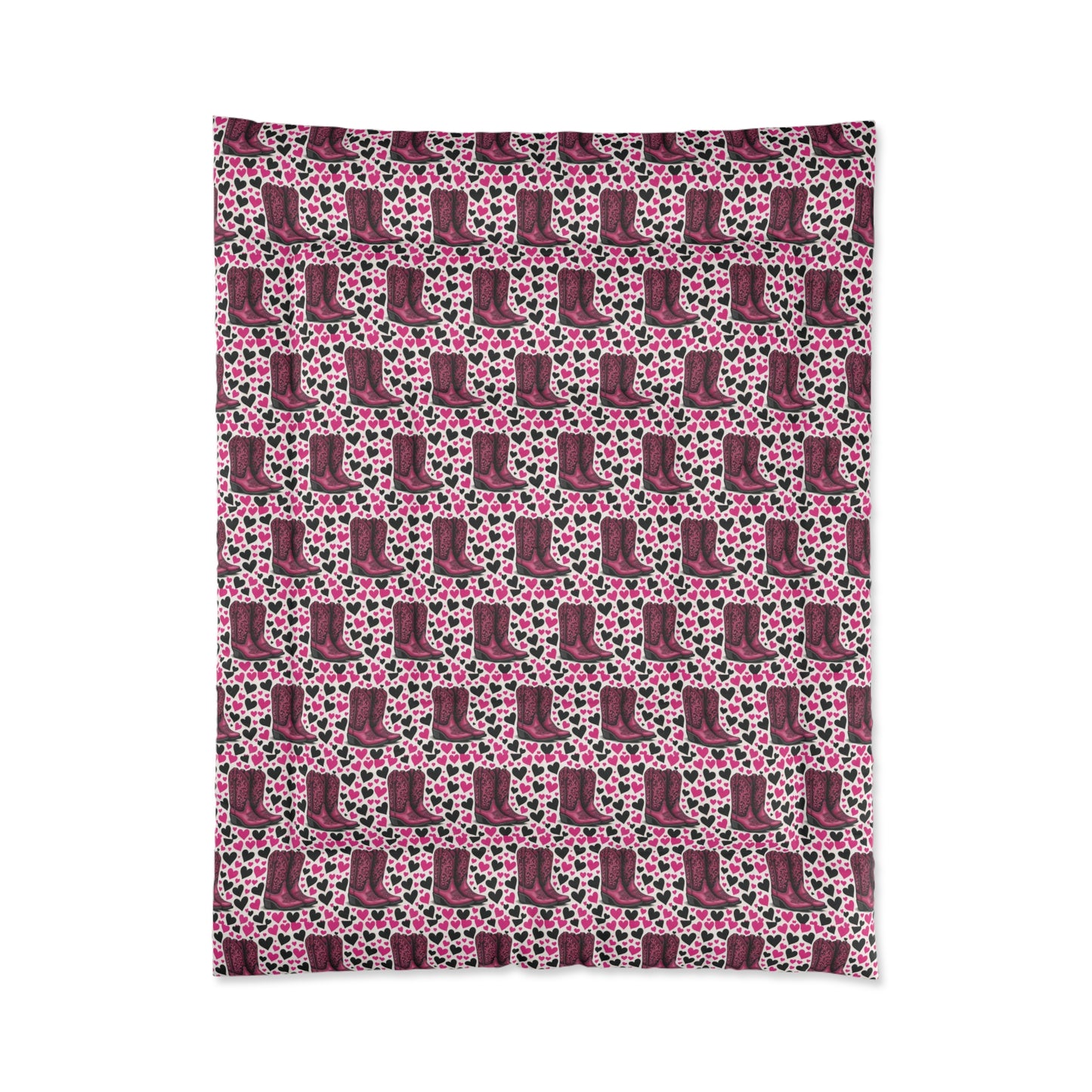 Comforter, Heart Design, Pink and Black Bedspread, Cozy Blanket, Bedroom Decor.