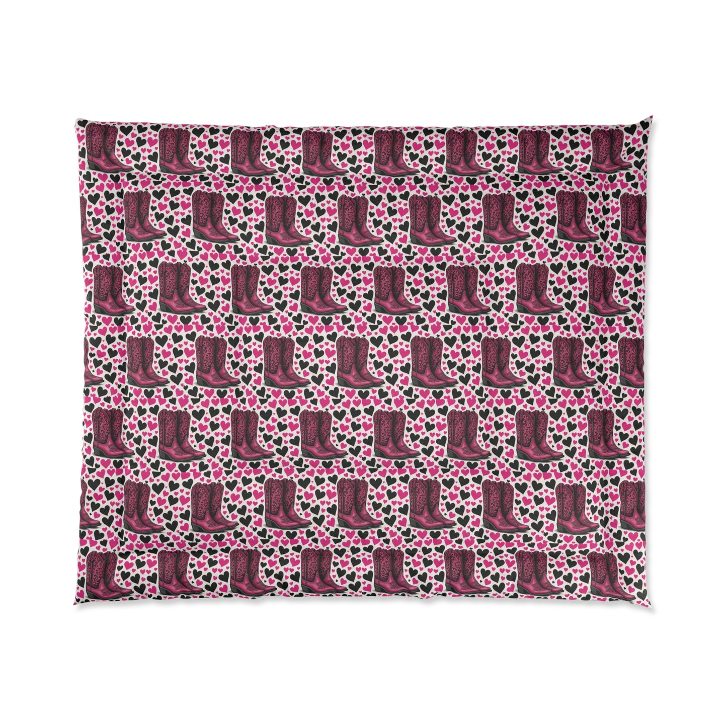 Comforter, Heart Design, Pink and Black Bedspread, Cozy Blanket, Bedroom Decor.