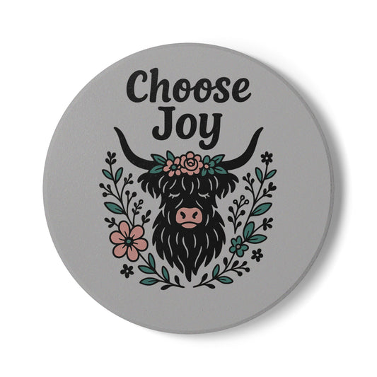 Joyful Highland Cow Coaster, Choose Joy Ceramic Coaster, Gift for Home Decor, Funny Homewarming Gift, Floral Cow Decor, Eco-Friendly Coaster